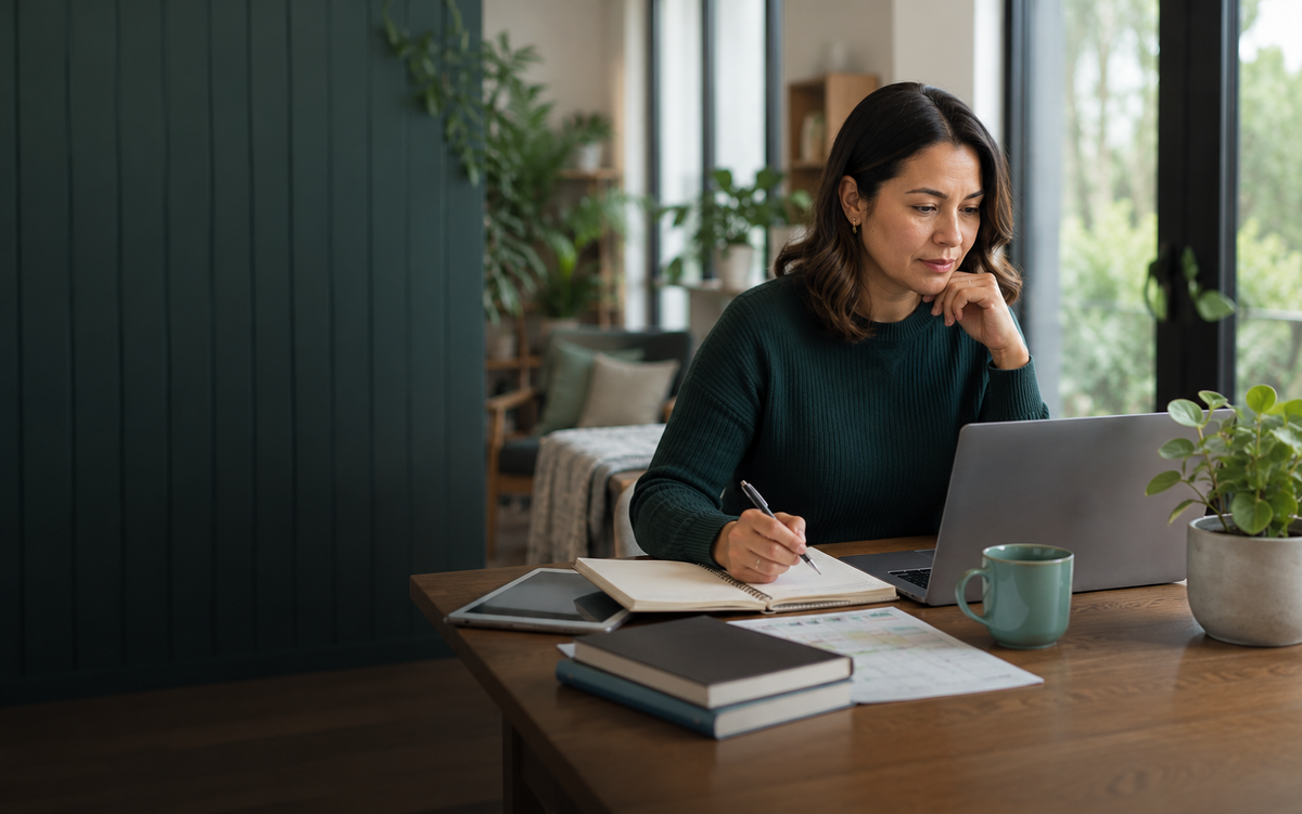 Adult learner calmly reviewing study and pathway options
